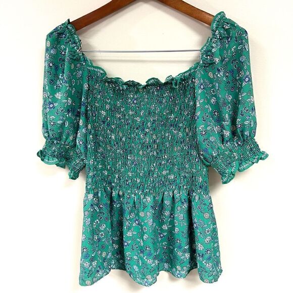 - Max Studio green flowered smocked peasant top size L - Picture 1 of 6